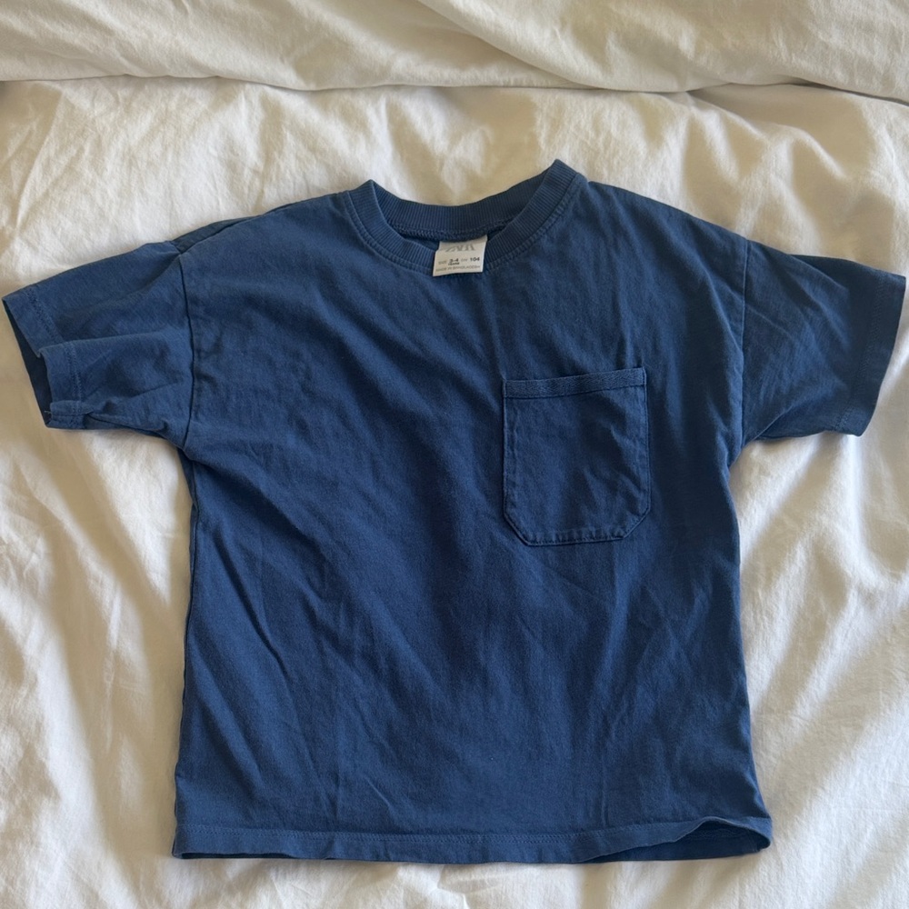 Zara Kids Classic Crewneck Pocket Tee - Blue - Kids, Size 3-4 Years